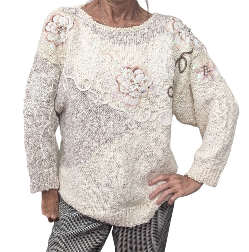Vintage Bonnie & Bill by Holly Floral Appliqué Sequin Knit Sweater M Korea